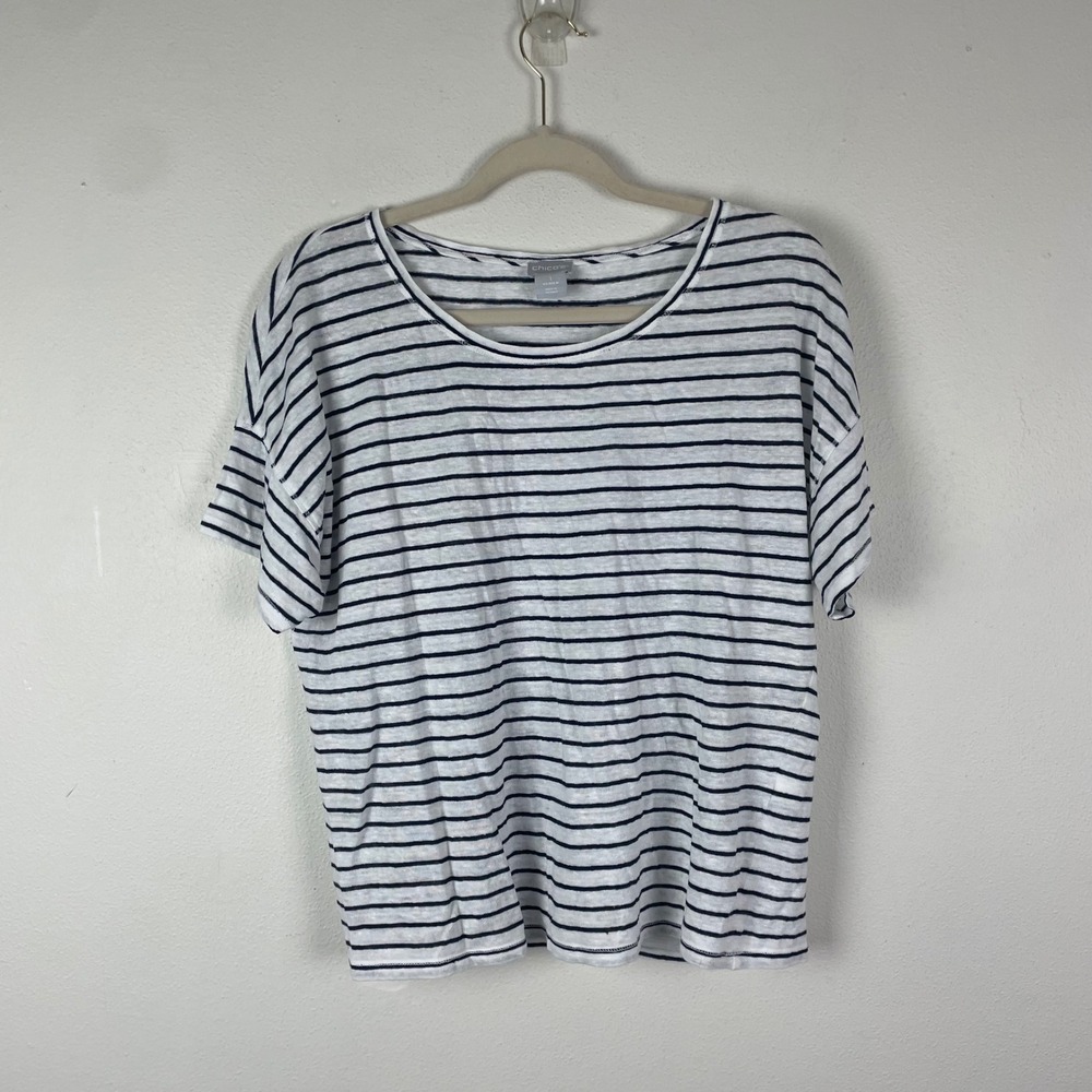 Chico's Women's Striped 100% Linen Blend T Shirt Short Sleeve Size‎ M Casual Top